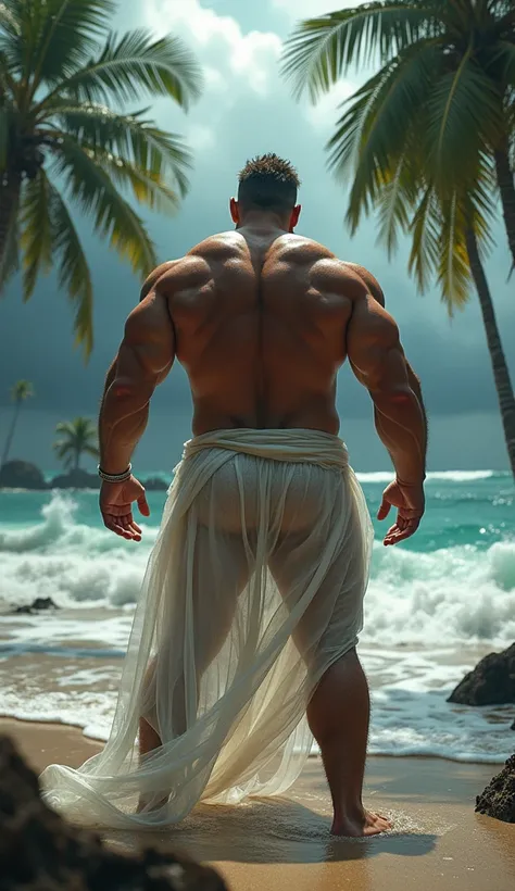 a hairy stocky muscular man standing on beach, wearing only transparent tulle shawl fluttered by the wind, exposed back, exposed buttock, exposed legs, coconut trees, raging wave, dark cloud, full body view, hyper realistic, 8k, award winning, highly detai...