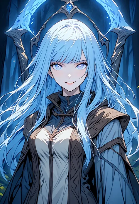 solo, close up, woman, long hair, straight bangs, straight hair, light blue hair, light blue eyes, medium breasts, fantasy, forest, gentle smile, wide smile, adventurer clothes, staff, mage, night, medium shot, facing viewer