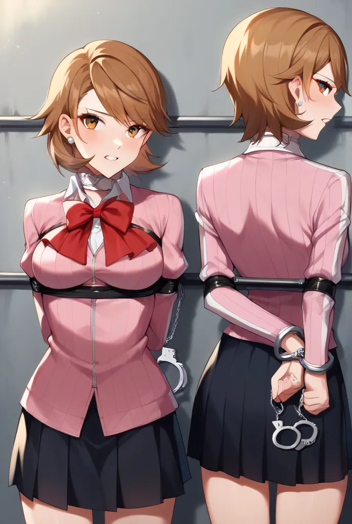 yukaridef, gekkoukan high school uniform, pink cardigan, red bow, long sleeves, black skirt, earrings, white choker, body,extremely detailed,high definition restrained,arrest,restrained,shackles,(((handcuffs, cuffs, upper body, handcuff, bound wrists))),ma...