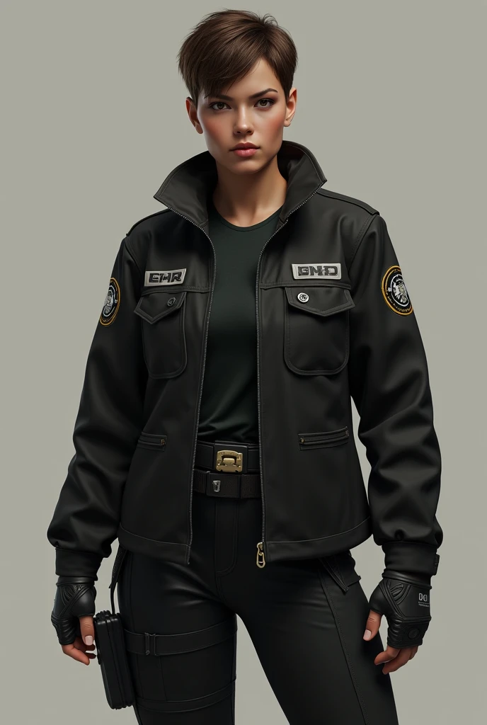 Hyperrealism, Create a female with a brown hair and boy cut. She is 5.8 feet. She is half American and half indian. She wears a black jacket and black pant make her look like warrior make it realstic make somewhat fat