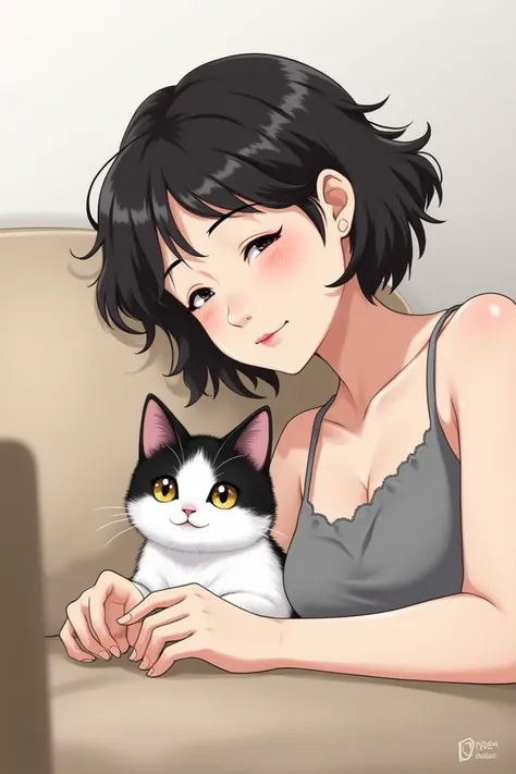  Illustrate an intimate and welcoming scene involving a young woman and a cat with black and white fur .  The young woman is slightly reclined ,  with a calm expression and a relaxed posture .  Your face appears partially due to the angle tilted camera ,  ...