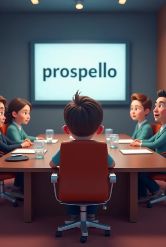 make a cartoon of a small boy sitting in a conference room in the chairman chair, with 2 humans and 6 ai as his employees, the shot can be from behind of him and infront of him a screen can be placed where it is written " prospello " 