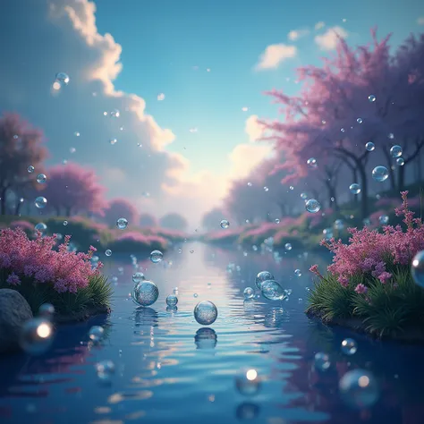 A photograph of a beautiful landscape full of magical bubbles