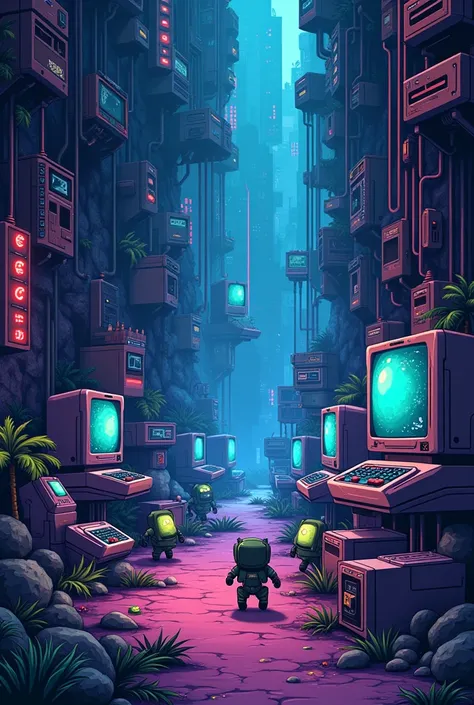 Create an image that shows an underground world of 8-bit consoles