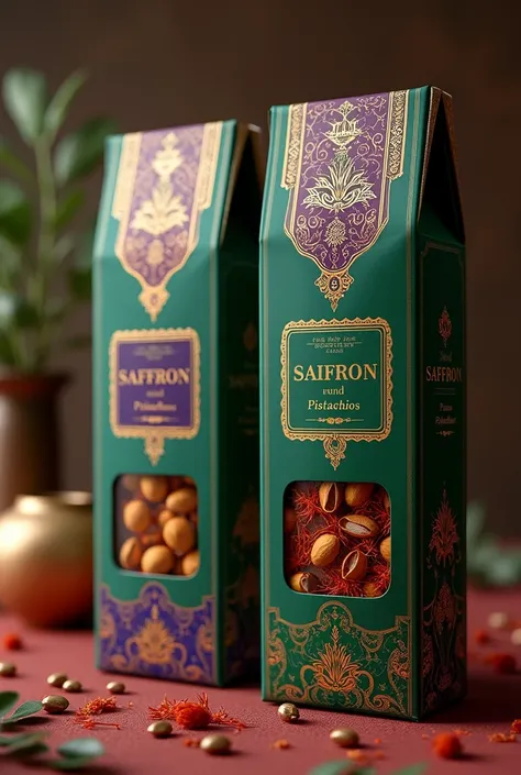 Here is another luxury packaging design for Iranian saffron and pistachios, incorporating Persian patterns and elegant details in rich colors like emerald green, gold, and royal purple. This design focuses on luxury and sophistication, perfect for an upsca...