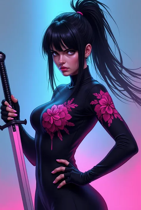 The image is a digital illustration of a young woman with long dark hair and a fierce expression on her face. She is holding a sword in her right hand and her left hand is resting on her hip. The woman is wearing a black outfit with a pink and purple flora...