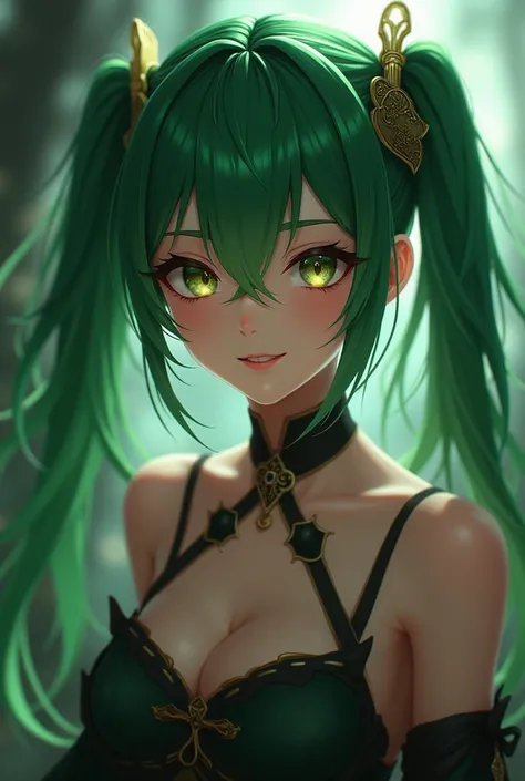 1 , Alone, hair ornament,  green hair, twintails,  long hair, dress, water,, medium shot portrait (Faruzan) de genshin impact,,  dark fantasy background ,  charming smile ., by Greg Rutkowski and Walt Disney ultra realistic highly detailed intricate analog...