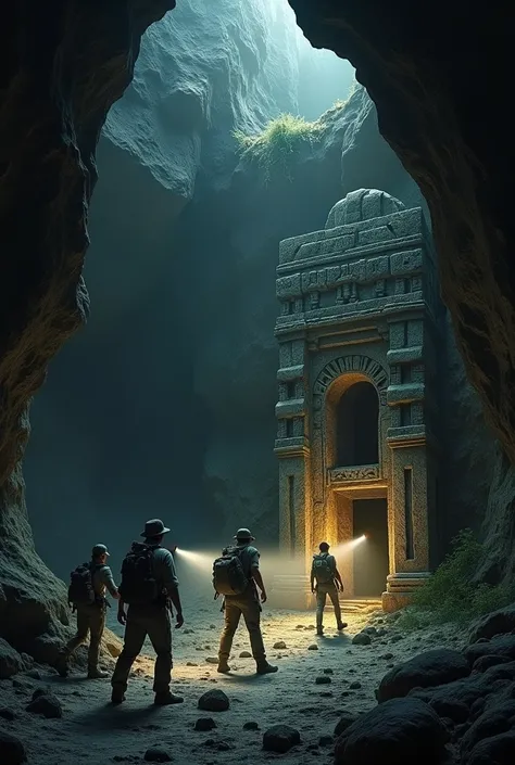  A group of explorers inside a deep cave ,  illuminated only by the light of the flashlights .  The atmosphere is mysterious and full of suspense .  In the center of the scene ,  one of the explorers finds the door of an ancient Mayan temple , covered with...