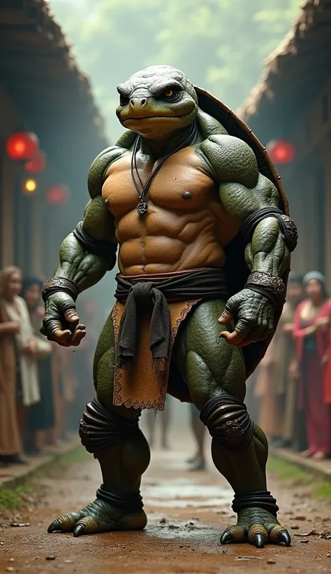 Highly detailed and realistic image of a full-body creature that is a mix between a [turtle] and a human. The creature has the head of a [turtle]. The texture of his skin is that of a [turtle], but it is more muscular like that of a bodybuilder. he is a ma...