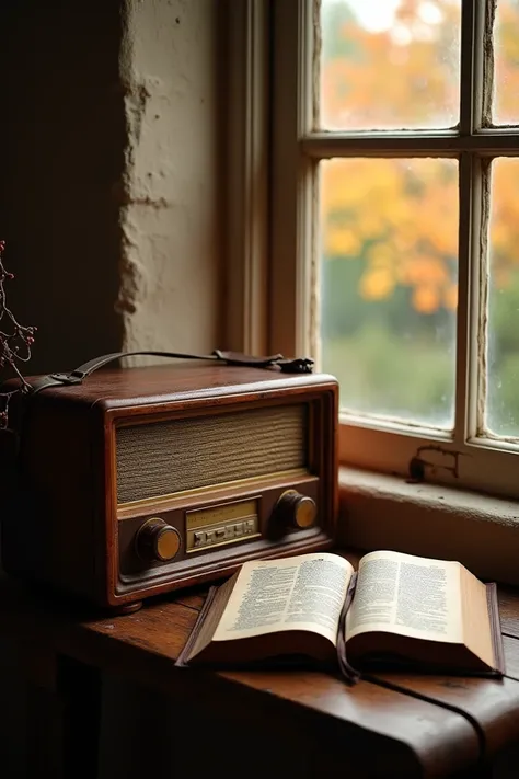  An old radio on a table with a closed bible, And next to it a window showing a tree in autumn  