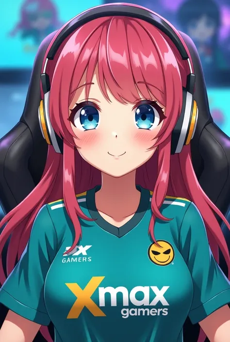 Close-up of an anime chubby fit girl, likely a gamer, wearing a vibrant, teal and gold jersey with the text "XMAX GAMERS" prominently displayed. 


The girl has long, vibrant pink and reddish-brown hair, and striking, bright blue eyes. Her expression is pl...