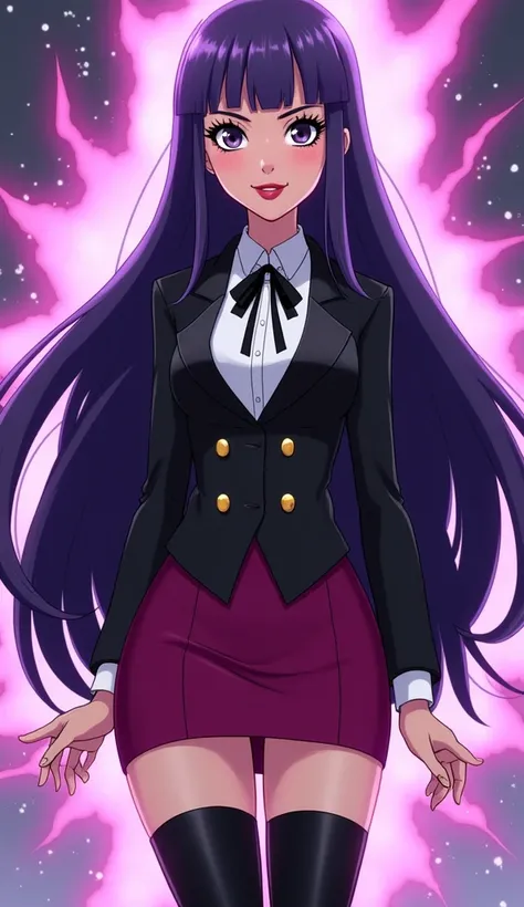 (Zatanna from DC Super Hero Girls 2019), (long purple hair), (straight purple hair), (sparkly purple hair), (magical purple hair) (Dark purple), (Zatanna is a beautiful teenage girl with fair skin and a distinctive hourglass figure), (thick light indigo ha...