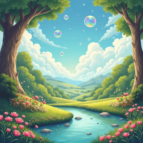 A classic illustration of a beautiful landscape filled with magical bubbles