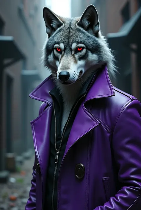 a grey anthropomorphic wolf with red eyes and wearing a purple leather coat