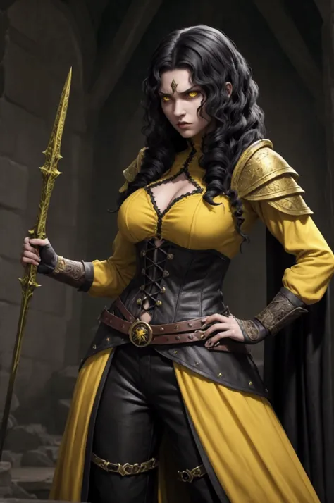 Fierce fighter. Female. D&D. Medium, curly black hair. Yellow eyes. Green clothes. Angry. Fantasy. Gothic. 