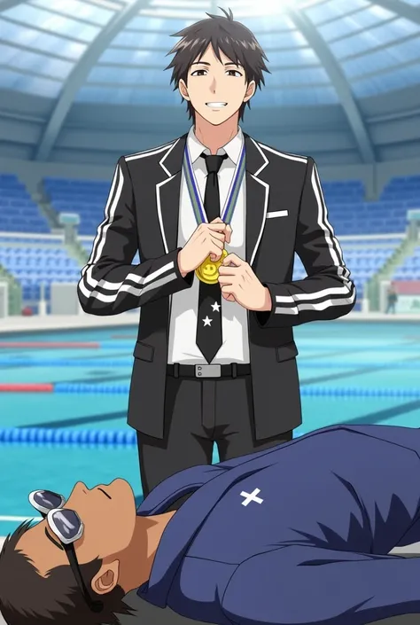 Shinichi Sakurai smiling in a white shirt and black jacket with two white stripes on each sleeve of his hands and white swimming goggles with black visors hanging around his neck and a black tie with a white star in the middle and a gold medal with the num...