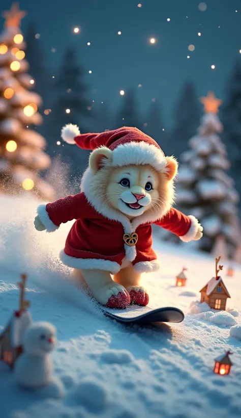 Un lion blanc mignon anthropomorphique mignon et gracieux, vêtu d’un manteau de Noël rouge orné de fourrure blanche et d’un bonnet festif assorti, glisse sur un snowboard en pleine descente d’une colline enneigée. Sa posture montre une élégance naturelle e...