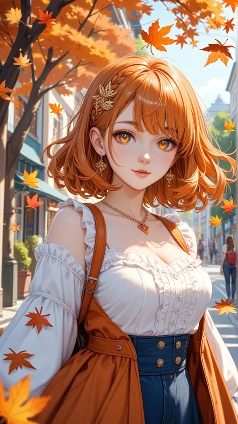 Girls enjoying autumn leaves、 Gentle Expression 、cute、 beautiful eyes、 beautiful hair、A beautiful tree-lined street shining in orange and yellow。