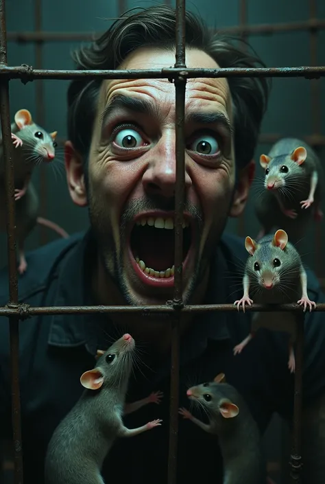 image of a man with the expression of fear and with a cage surrounding his head and inside that cage he finds rats, 