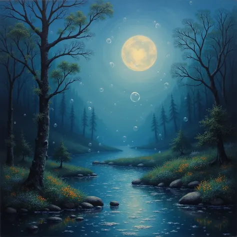 An oil painting of magical bubbles in a gloomy landscape