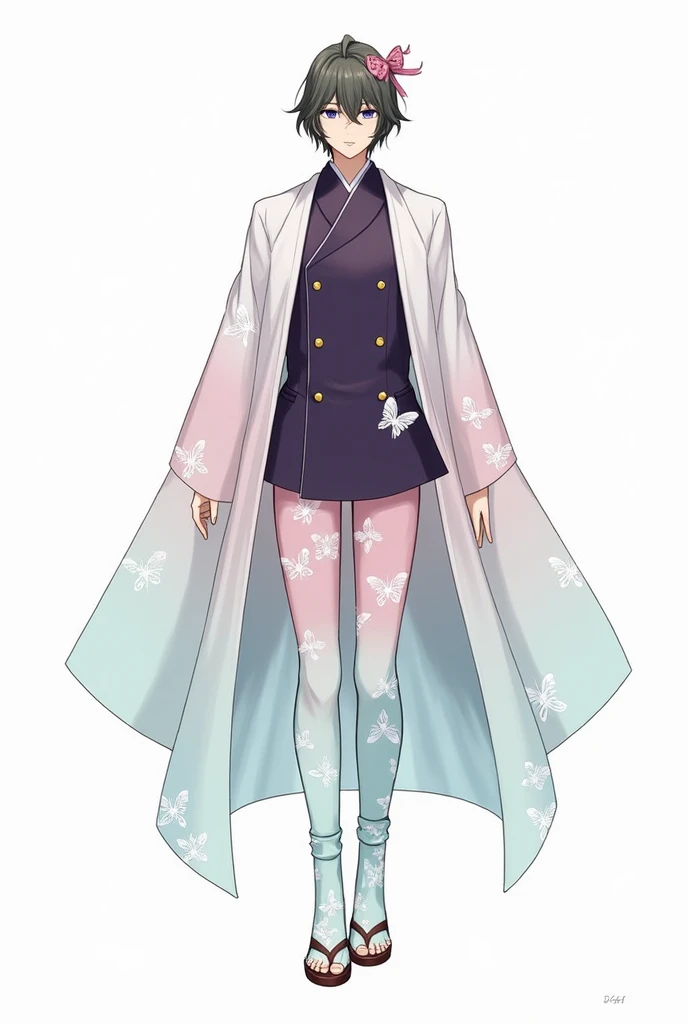 Shinobu wears his standard Demon Hunter uniform , , which consists of a straight dark purple jacket with gold buttons ,  along with kyahan with a white butterfly print that fades into pale turquoise and then pink around his legs. . About his uniform,  wear...