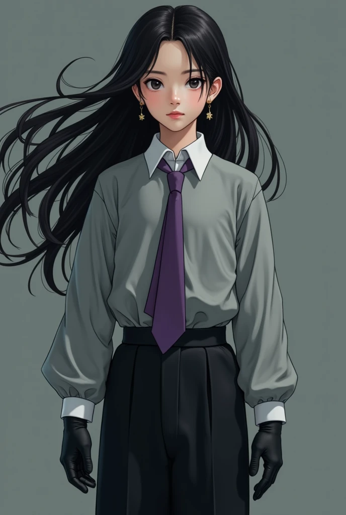 Live Action pre teen Asian boy with Long Flowing black Hair, Wearing a LONG Sleeved, Baggy Grey School Uniform shirt over a White Dress shirt and Purple tie Properly Tucked in With The Sleeves Covering the Palms and Black Kacey Long Pants. With Black Leath...