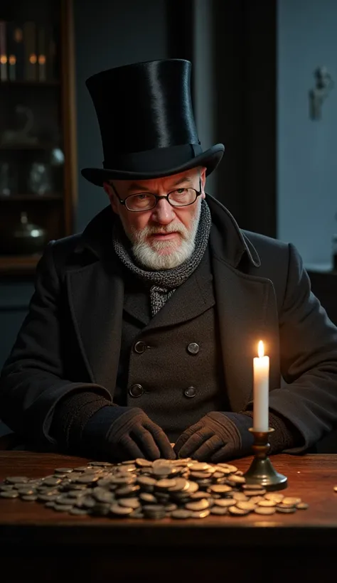 Old victorian man, (white beard:1.5) wearing overcoat and scarf, top hat, (small:1.5) spectacles, fingerless gloves sitting at a table in a very cold room, solo candle on table, he is counting many piles of coins, dark room, night scene