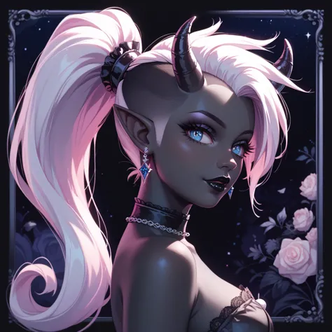 score_9, score_8_up, score_7_up, ((Masterpiece)), ((highres)), ((1person, 1girl, 1female)), Random poses, beautifully detailed succubus girl, ((white mohawk w/ponytail)), defined elf ears with ear guages, defined eyes, pastel iris, long eye lashes, defined...