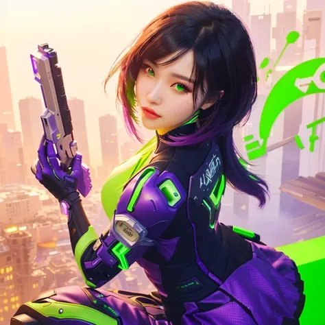 a woman in a purple and green outfit holding a gun, android heroine, perfect android girl,  cyberpunk art, digital cyberpunk art, digital cyberpunk - art, cyberpunk girl, perfect android girl family,  style 4 k, modern cyberpunk, cyberpunk art, cyberpunk, ...