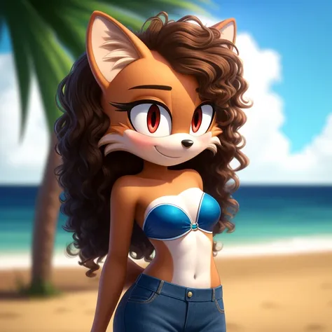 mobian, Alone, Sea urchin,  two-tone skin  ((orange fur,  brown fur )),  strapless swimsuit, neckline, tight jeans,  high top sneakers ,  small breasts ,   striped hair  ( brown hair, black tip )),  curly hair , halo, Sunglasses, jewelry, red eyes,  long e...