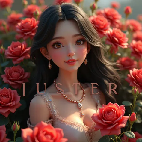 Generate a 3D big serif font name "JUSTER" with1girl, Solo, Blush, black long Hair, brown Eyes, Jewelry, Sparkle, Best Quality, red roses garden in the background From Above, 