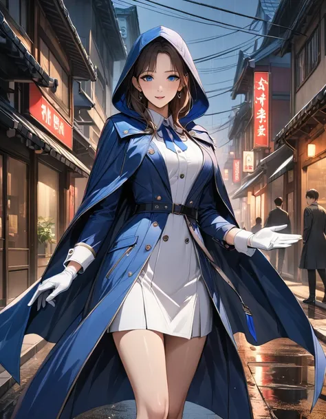 South korea asssassin walk women mystery hooded on with modern royal Blue coat with long and wide sleeves with buttons and royal Blue cape and very high white heel over the knee and white gloves, As she reveals a small secret hidden blade coming from his p...