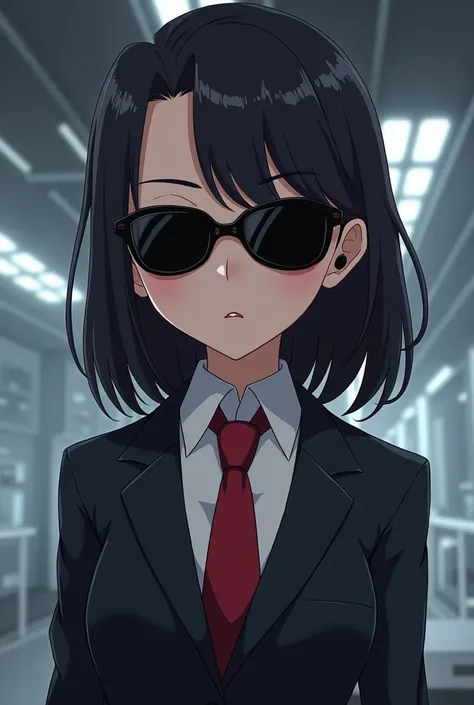 Cute anime girl, wearing black sunglasses, spy, serious expression