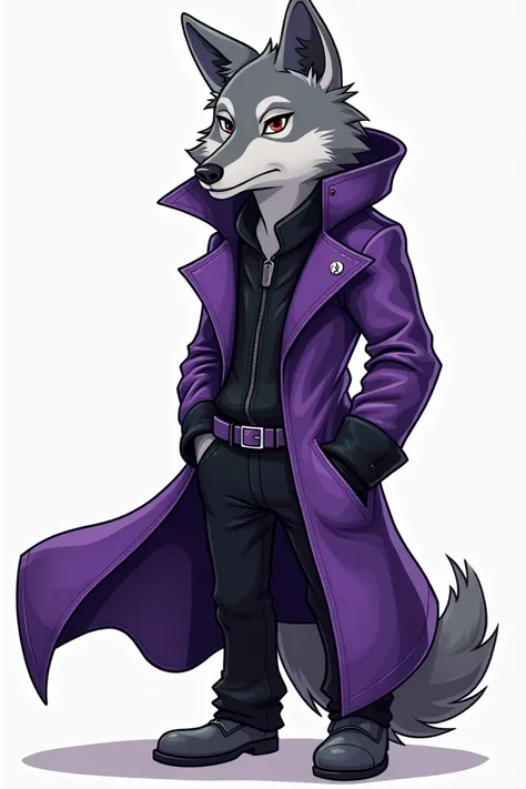 an anthropomorphic grey wolf wearing dark long clothes and a violet long leather coat. Toonie style