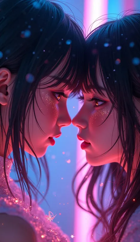  2 girls kissing, Backlight ,  black light,  beautiful detailed eyes,  beautiful detailed lips that boldly lie down,  beautiful detailed face,  has long eyelashes,  Glowing Skin, Mysterious, Mysterious,  surreal,  Dramatic Lighting , neon, UV rays,  psyche...