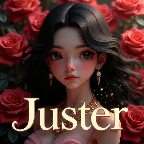 Generate a 3D big serif font name "JUSTER" with 1girl, Solo, Blush, black long Hair, black Eyes, Jewelry, Sparkle, Best Quality, red roses garden in the background , 