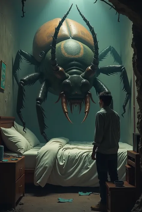 a room where a man is threatened by a giant beetle that is in his bed in a hostile environment and from a century ago