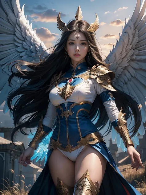 (masterpiece, highest quality, Realistic photos), ((Angel floating in the air;1.4)), A very cute Japanese woman, A complex copper and brass mechanical armor with a Hawk and eagle motif., Beautiful big angel wings, (The wings are symmetrically paired;1.5), ...