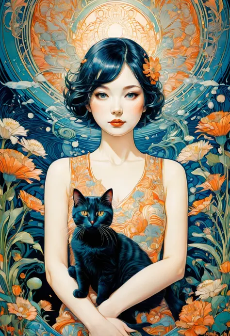 Girl with Cat, by Tsukasa Hojo, best quality, masterpiece, very aesthetic, intricate details, art deco, surreal, ultra-detailed, 4k   