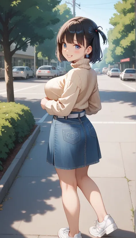 1girl, solo, short hair, black hair, Lightweight turtleneck sweater, large breasts, side up, White buckle belt, Long ankle-length skirts, Thick-soled laces, avenue of gingko trees, background blur, Denim fabric jacket, Heart Earrings, looking back, smiling...