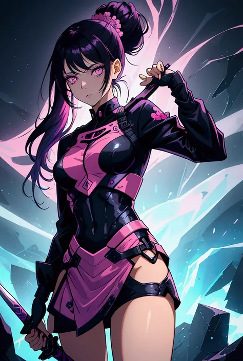 The image is a digital illustration of a young woman with long dark hair and a fierce expression on her face. She is holding a sword in her right hand and her left hand is resting on her hip. The woman is wearing a black outfit with a pink and purple flora...