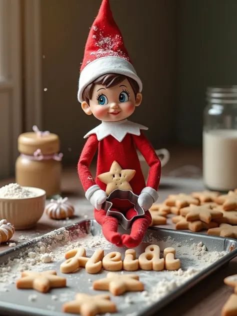 traditional Elf on the Shelf is surrounded by flour and cookie dough, holding a star-shaped cookie cutter. On the baking sheet, the cut-out cookies spell out “Heidi” while the elf stands proudly with a dusting of flour on its hat and a stolen cookie in its...