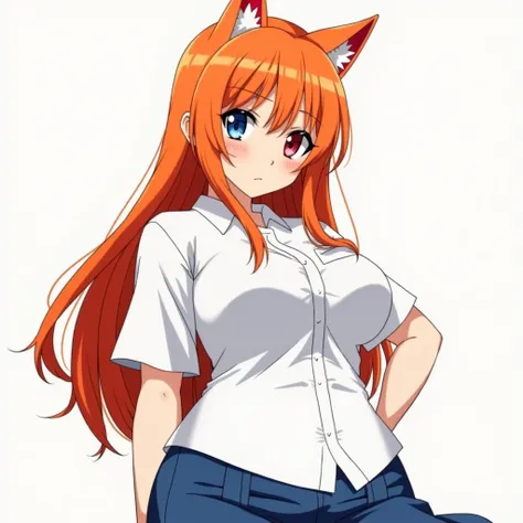 A girl,  long hair ,  orange hair, blue eye and red eye ,  anime style,  white shirt and blue skirt,  looking at the viewer , linda,  Cat Ears,  big breasts , 