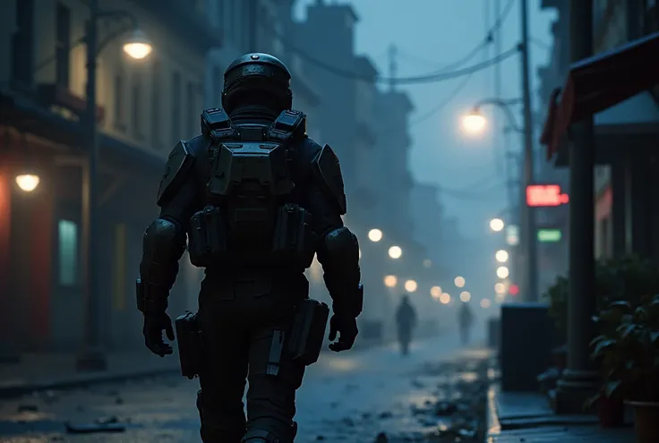 An ODST Soldier Walking in a City at Midnight with Stars and a Celestial Dawn 