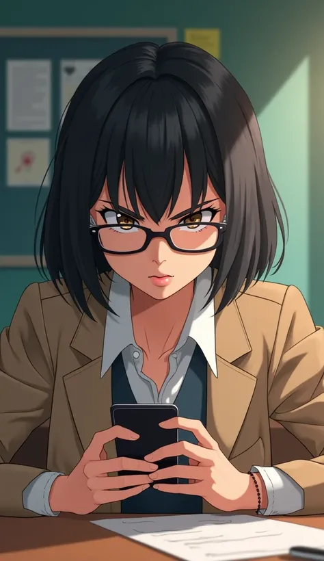 (super detailed,  Perfect lighting , 16 thousand., 8k UHD video,  Soft Lighting ,  kinematics , Visual key,  high resolution,  best quality , masterpiece),  anime girl with glasses, table,(( looks at the phone )), ((angry face)), ( adult woman: 0.9, ig bs ...