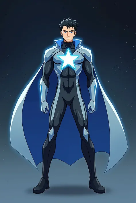 give me a animation tipe anime of this: Superhero: Star Bolt

Physical Description:
Star Bolt is tall and strong. He has blue eyes and short black hair. His body is athletic and he has a star-shaped scar on his right hand.

Outfit:
He wears a silver suit w...