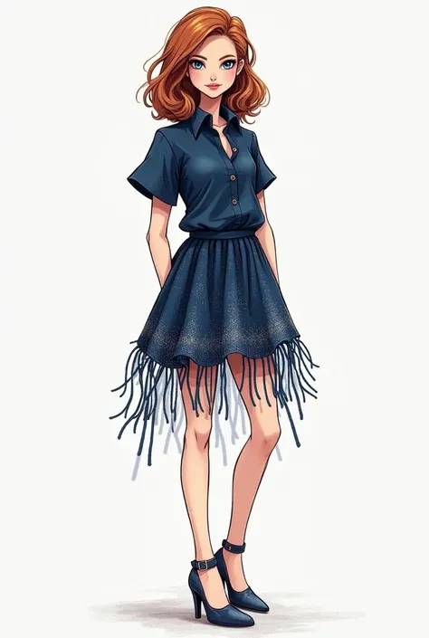  create a figurine with technical sketch style is a two-piece set a high collar and short sleeve shirt at the bottom has fringes hanging and goes with a skirt from the waist to above the knee and at the bottom it has fringes hanging. The dark blue shirt an...