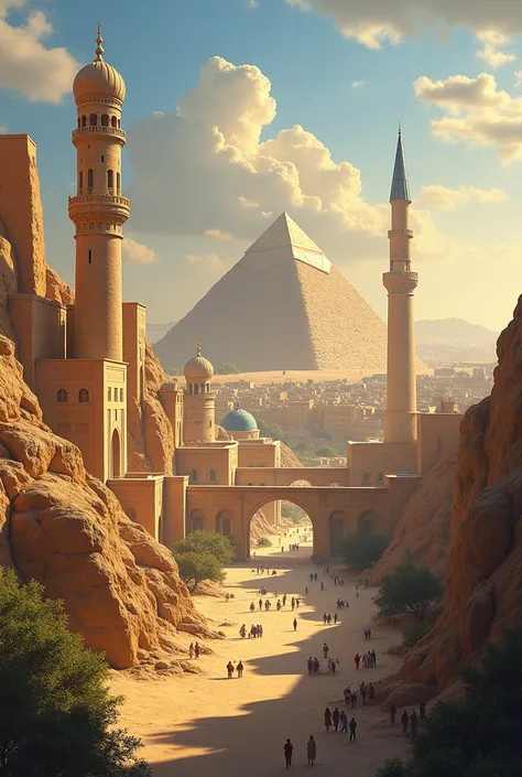  Image representing the Middle East ,  with its arid desert landscape ,  ancient monuments such as Petra or the pyramids of Egypt ,  and historic cities such as Baghdad or Jerusalem .  Islamic architecture , with mosques ,  minarets and traditional markets...