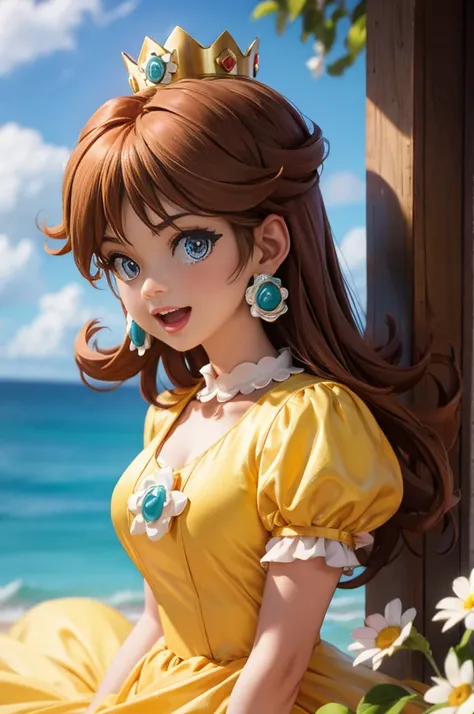 Princess daisy super mario, brown hair, blue eyes, short products hair, gold princess crown, flower earrings, yellow long dress, puffy short sleeves, flower brooch, open mouth, smile, flowers, outdoors, sky, cloudy sky, anime waifu style