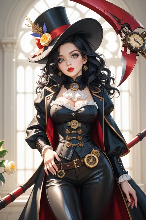 25-year-old woman of great beauty, height of 180 cm ,  loose hair on the hips color black like charcoal , with blue sparkles in sunlight with the tips of black hair,  black top hat style Steampunk style , white tea,  red lips big eyes with yellow iris ,  b...